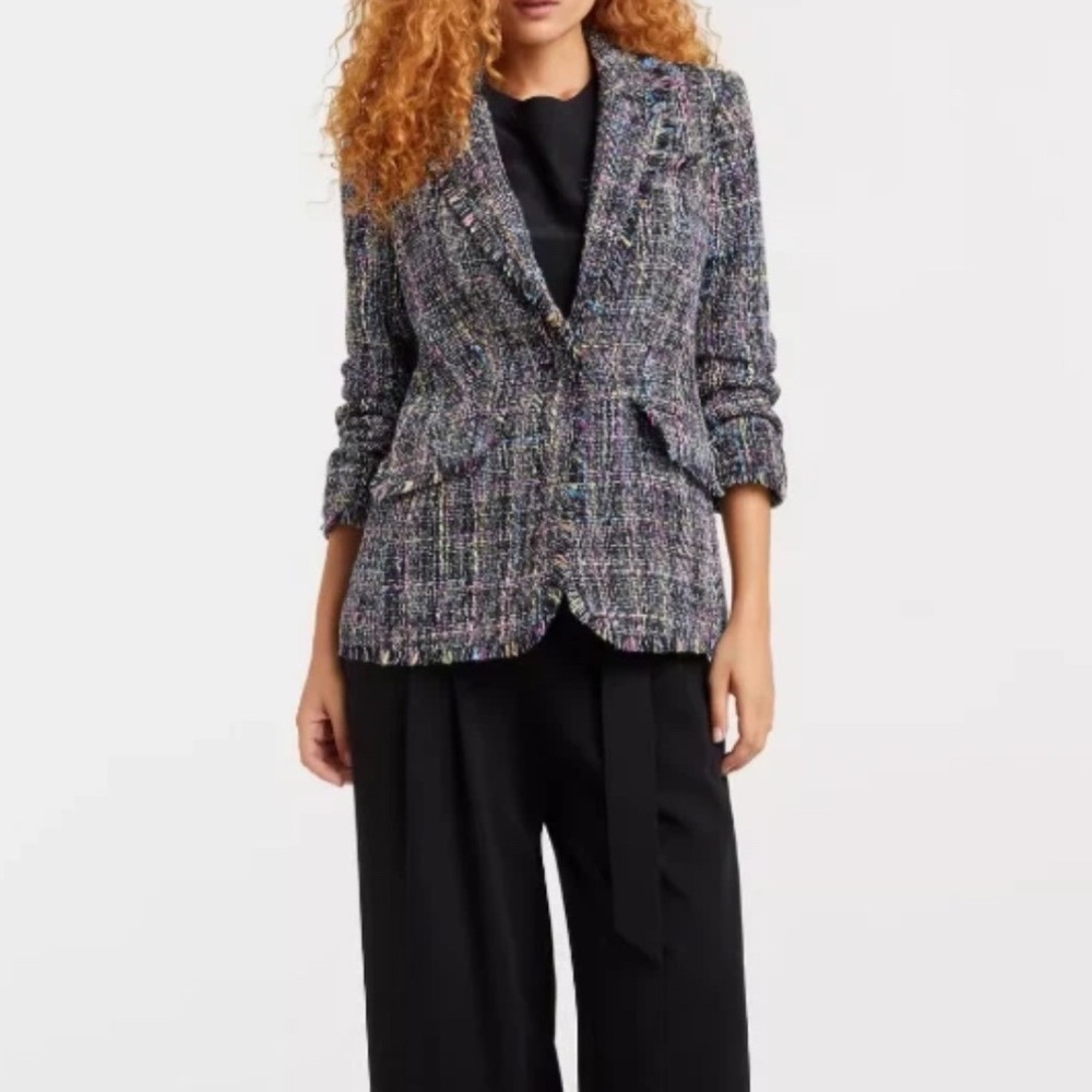 Cinq a Sept Khloe Blazer Women 4 Multicolor Boucle Tweed Fringe Ruched